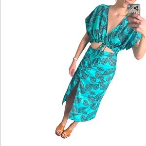 Two Piece Skirt & Crop Set - Ocean Floral Tropical Midi Skirt and Tie Waist Top